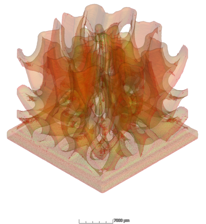 Volumenrendering eines additiv gefertigten Heatsinks aus µCT-Daten (Voxelgröße im Mikrometerbereich): links opake Darstellung zur Visualisierung der äußeren Struktur, rechts transparente Darstellung zur Analyse innerer Geometrien und potenzieller Fertigungsdefekte.