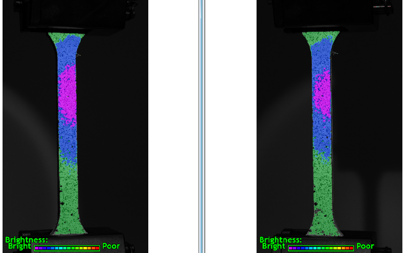 Optimierung der Belichtungszeit des DIC-Systems anhand der resultierenden Bildhelligkeit. Durch eine systematische Variation der Belichtungszeit wird ein reproduzierbares Helligkeits- und Kontrastniveau eingestellt, um den nutzbaren Dynamikbereich der Kameras zu maximieren und die Messgenauigkeit der Dehnungsfelder zu erhöhen.