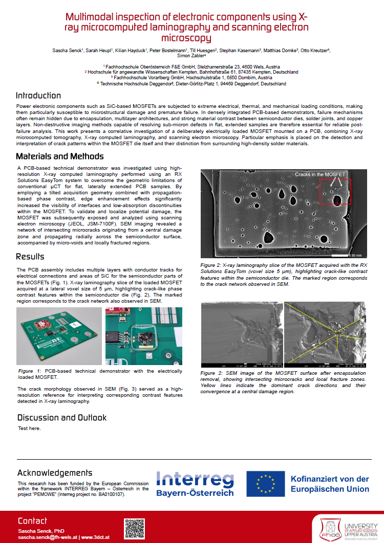 Die auf der iCT 2026 präsentierten Ergebnisse zeigen, dass insbesondere phasen-kontrastbasierte Röntgen-Laminographie die Detektion feiner Rissnetzwerke innerhalb von MOSFET-Halbleiterchips ermöglicht, selbst wenn konventionelle µCT aufgrund geometrischer Einschränkungen oder Materialkontraste an ihre Grenzen stößt. Die korrelative Analyse mit SEM bestätigt, dass die detektierten Strukturen tatsächlich aus dem Halbleitermaterial stammen und nicht von angrenzenden Lötmaterialien verursacht werden. Damit liefert die Methode eine robuste Grundlage für zukünftige Untersuchungen von Zuverlässigkeit und Ausfallmechanismen in modernen Leistungselektroniksystemen und trägt zur Entwicklung effizienterer Prüfverfahren für Komponenten im Bereich Energie und Mobilität bei.